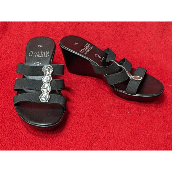 Italian Shoe Makers Woman 7M Black Slip on Wedge with 2.75" Heels - Picture 1 of 16
